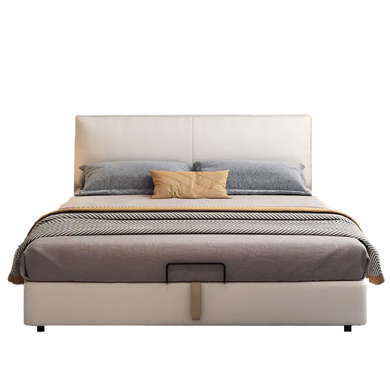 Hero view of upholstered bed with hydraulic storage bed design, bed with storage functionality, king size upholstered bed compatibility and premium fabric upholstery