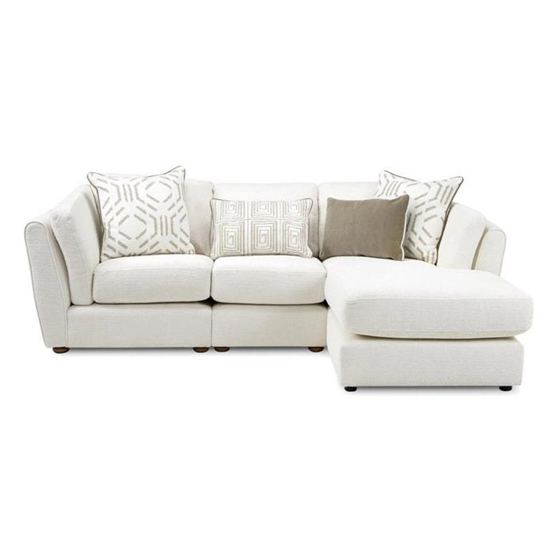 Soft, plush cushions, flared arms, and geometric accents enrich its visual appeal. White  2+ L  shape sofa