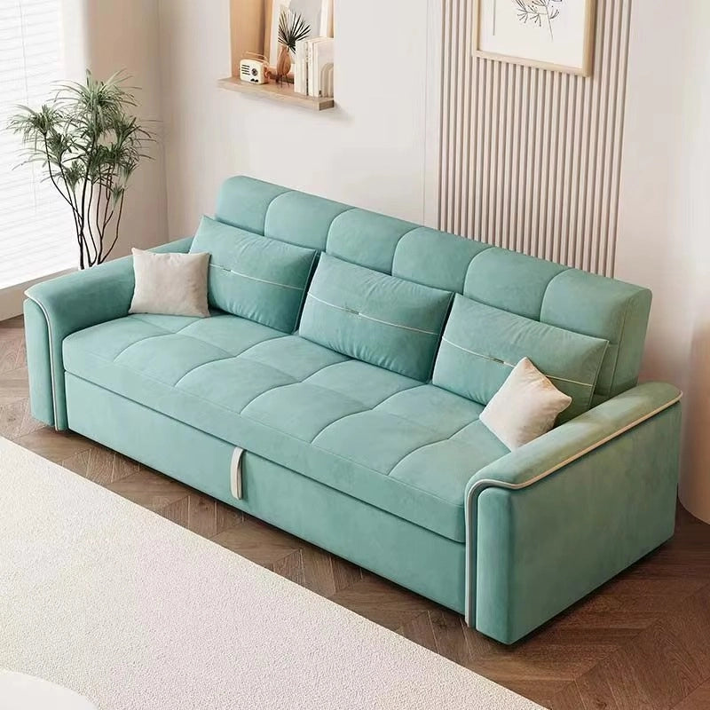 Living room view of Equity sofa cum bed with velvet upholstery, couch bed versatility, pull out sofa bed mechanism, sleeper sofa comfort and L shape sofa cum bed layout