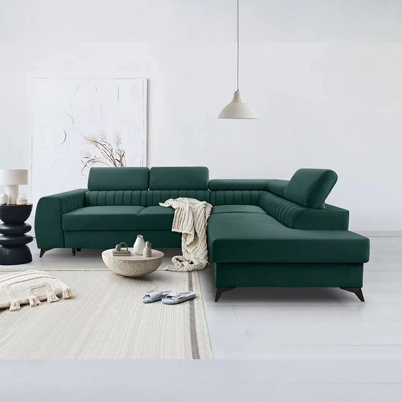 Close-up detail view of Meadow sleeper sofa with sofa cum bed conversion, pull out sofa bed mechanism and adjustable headrests