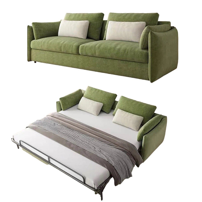 Front perspective view of Toris olive green sofa cum bed showcasing convertible sofa bed functionality, modern styling and everyday lounging comfort