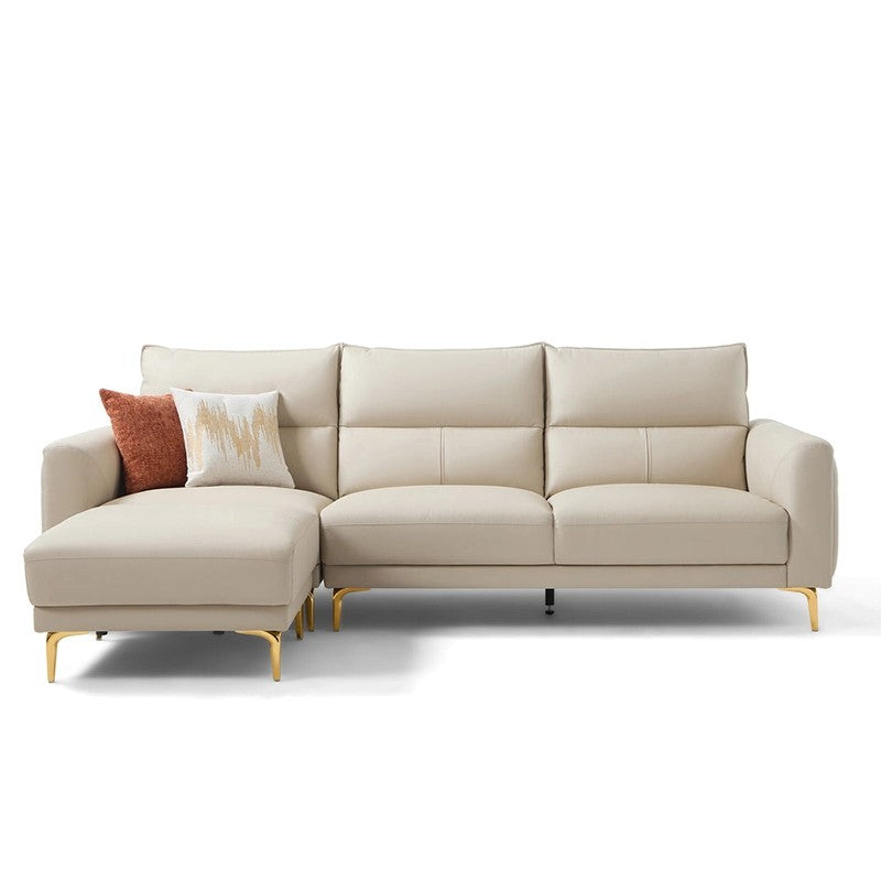 Beige L Shape Sofa Set featuring luxury corner sofa comfort, modern living room sofa design, gold metal legs and premium leatherette finish on a white background
