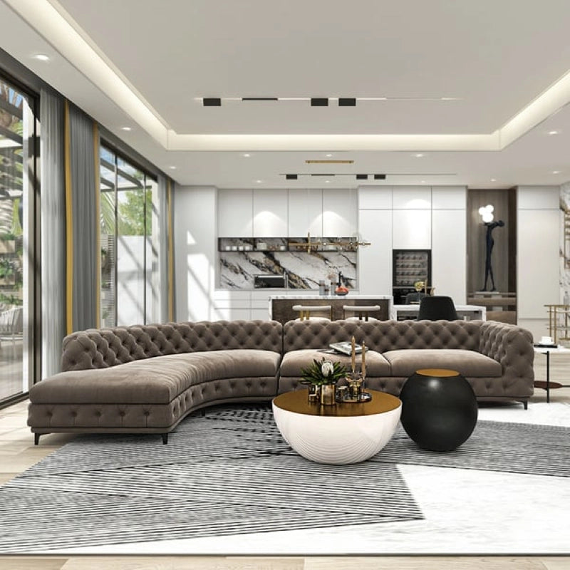 Hero product view of Polonium Chesterfield luxury sofa featuring velvet sofa upholstery, L shape sofa set design, corner sofa comfort and elegant living room styling