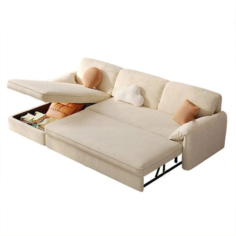 Front perspective view of sofa cum bed featuring sleeper sofa functionality, couch bed versatility, soft neutral upholstery and everyday lounging comfort