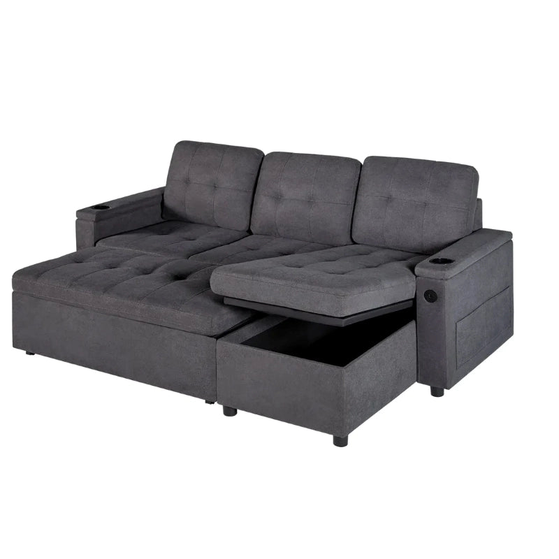 Hero view of sofa cum bed combining sofa cumm bed functionality, sofacumbed versatility, storage chaise convenience, USB charging port, side pockets, pull out sofa bed conversion and modern compact-home comfort