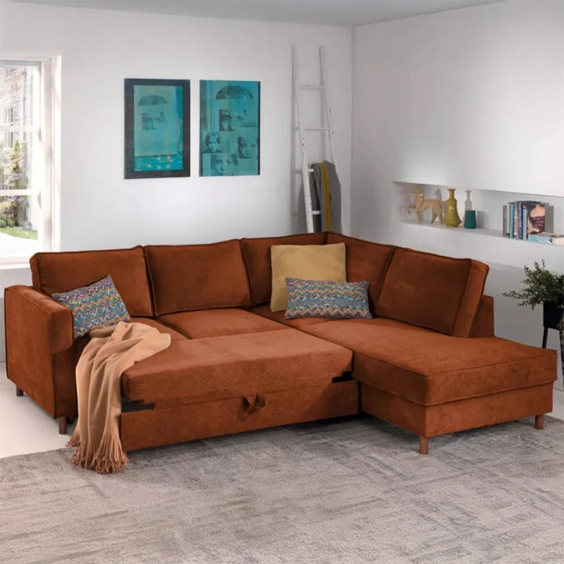 Side view of Thalor sofa cumm bed showcasing sofacumbed functionality, velvet sofa bed styling, wooden legs and robot vacuum friendly clearance