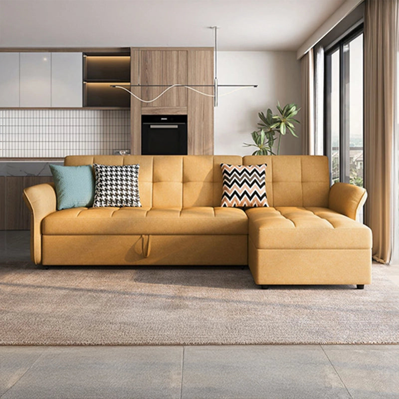 Front perspective view of sofacumbed with couch bed practicality, sleeper sofa comfort, tufted cushioning and durable woven fabric finish