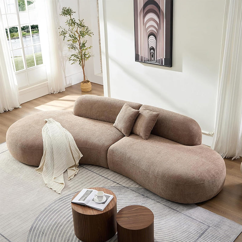 Corner perspective view of Sonnet luxury couch in brown textured fabric showcasing modern sofa aesthetics, lounge sofa comfort and plush deep seating cushions