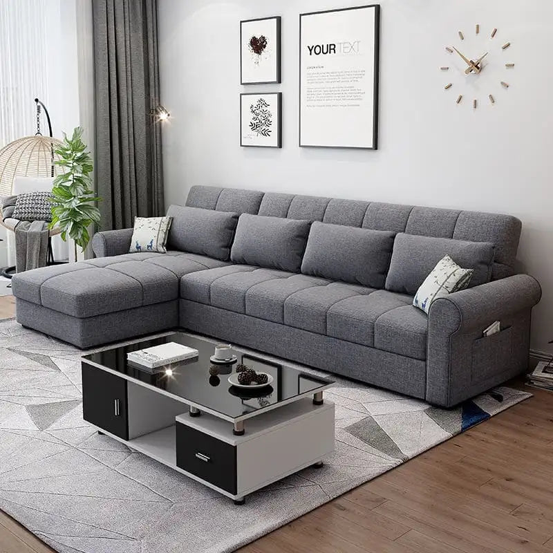 L-shaped grey Katona sofacumbed with convertible sofa cumm bed design, 5-seater fabric sofa bed with storage
