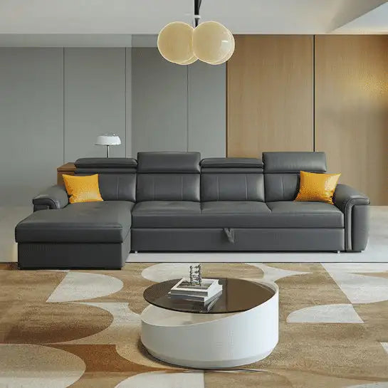 Charcoal grey Urilo sofacumbed with leatherette L-shape sectional design, convertible sofa cum bed and couch sleeper function