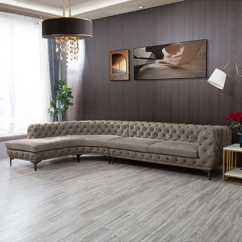 Polonium Chesterfield luxury sofa with velvet sofa finish, corner sofa layout, 5 seater sofa seating, lounge sofa comfort and modern living room sofa appeal
