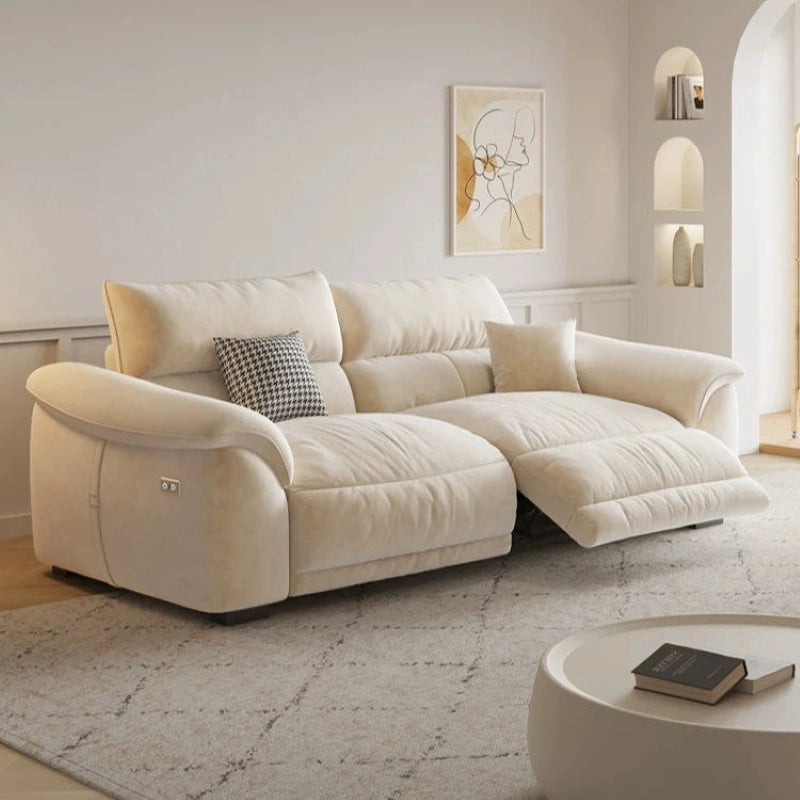 Designed in cream-toned microfibre with horizontal tufting, it offers a sleek l sofa shape with deep cushioned recliners for optimal rest. 