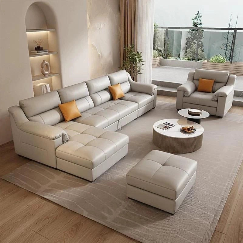 Upholstered in durable beige leatherette with quilted detailing, it functions as a sofa cum bed that unfolds into a spacious double bed with a smooth pull-out mechanism.