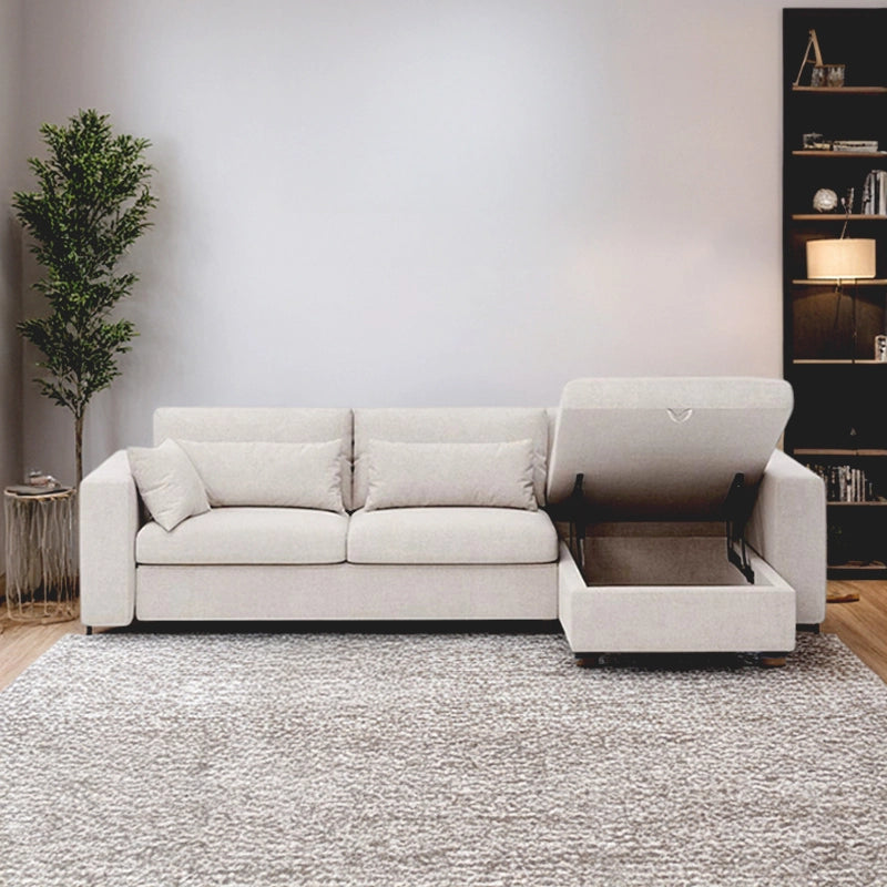 ts beige textured fabric upholstery, wide square arms, and black block legs offer a grounded, minimalist aesthetic ideal for studio flats or urban apartments.