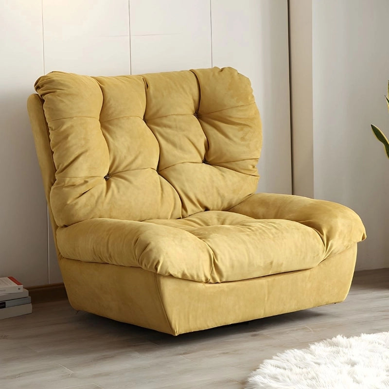 Low-profile base pics with comfort chair and living room chair, yellow finish