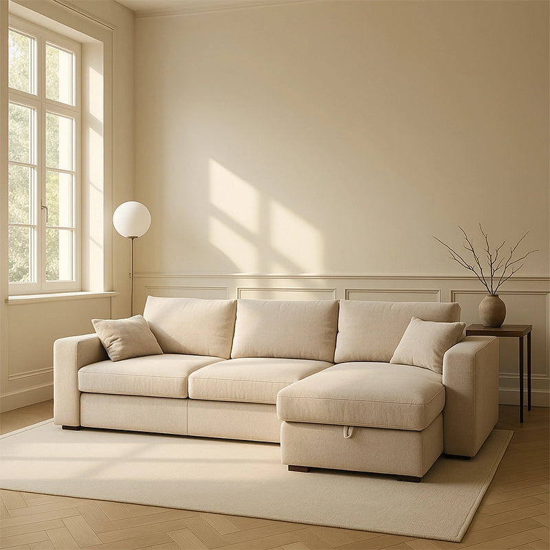  Its beige textured fabric upholstery, wide square arms, and black block legs offer a grounded, minimalist aesthetic ideal for studio flats or urban apartments. 