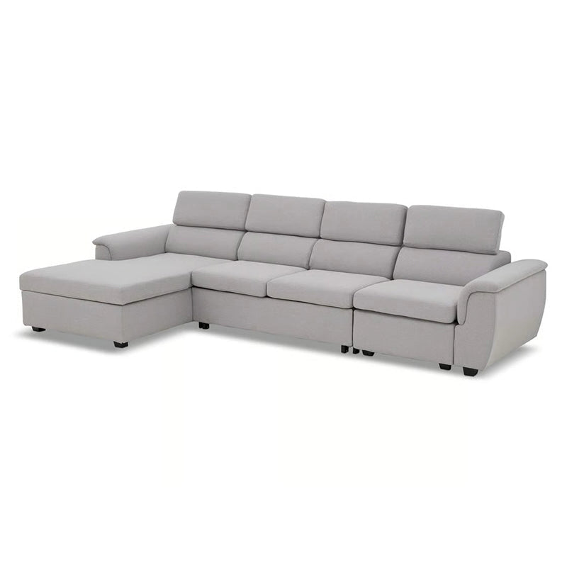 Side view of Sarnis storage sofa cum bed with L shape sofa cum bed layout, pull out bed functionality and contemporary grey finish