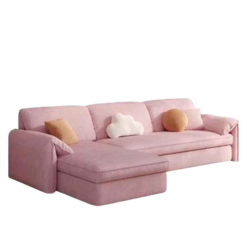 Corner view of sofa cum bed showcasing sofacumbed versatility, convertible sofa bed functionality, hidden storage chaise, soft woven fabric upholstery, cloud-style accent cushions and contemporary modern home styling