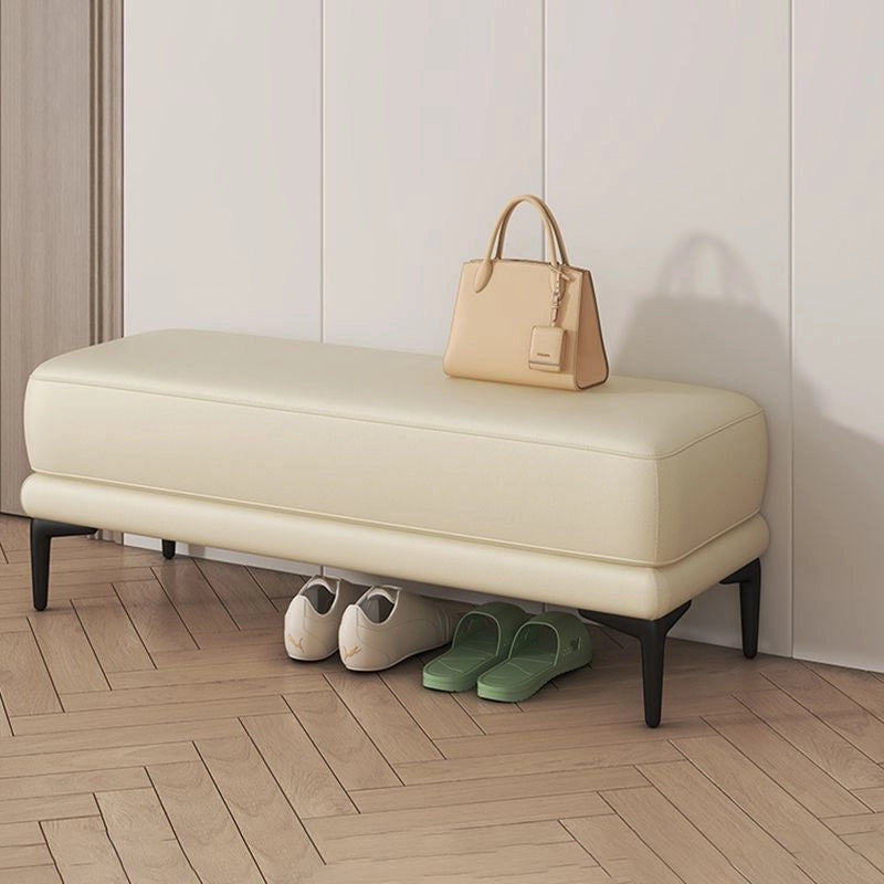 Cream cushioned 3 seater bench with entryway bench styling and black tapered legs