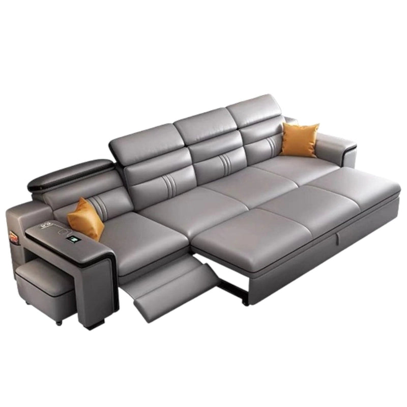 Designed as a convertible sofa bed, this Cyris Sofa Cumm Bed features hidden sofa bed storage, a pull-out footrest, wireless charger and USB port, combining modern sofacumbed style with everyday sofa to bed functionality.