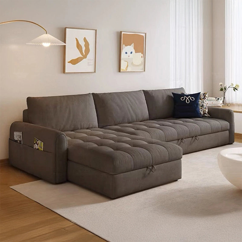 With hidden storage beneath the chaise and side arm pockets, this sleeper settee works beautifully in studio apartments or guest-friendly spaces.