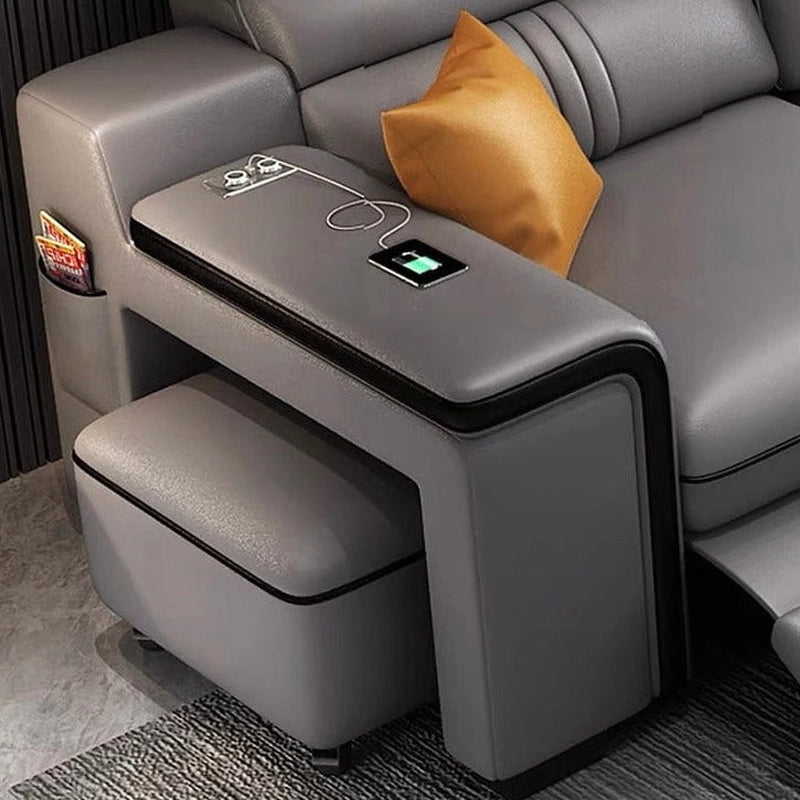 Contemporary sleeper sofa bed design with side table armrest, durable frame, grey tone