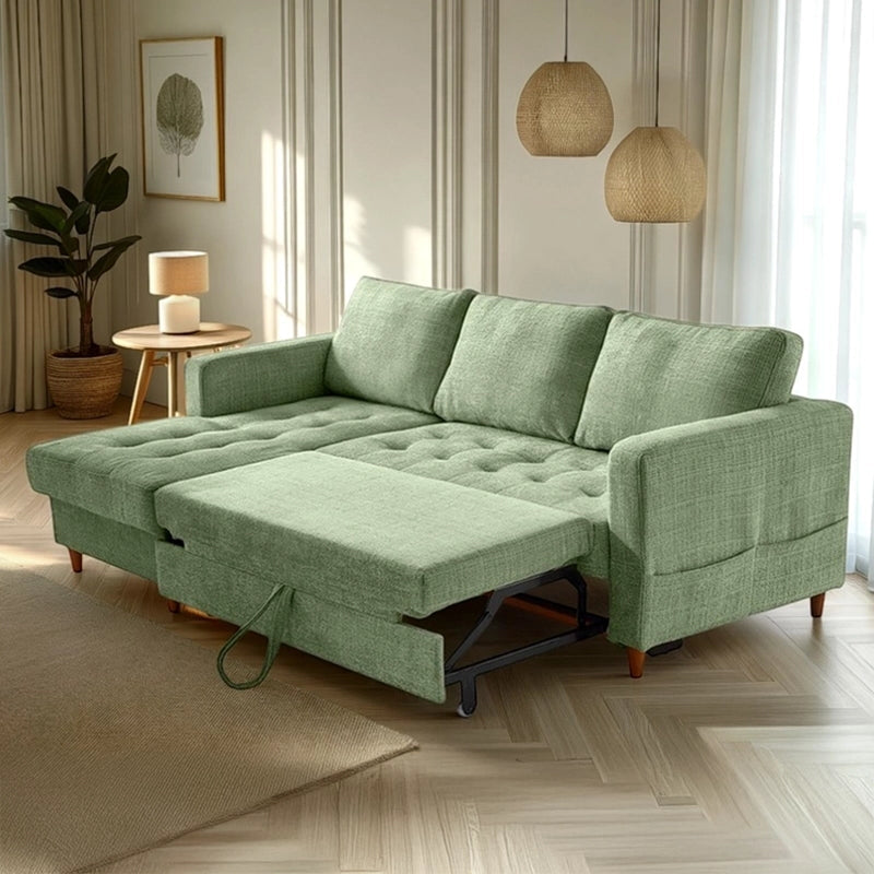 This modular L-shaped settee is a refined example of a convertible sofa bed engineered for urban homes. 