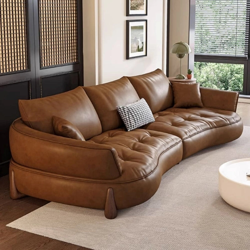 Deep tufted seat with pillow backrest – modern sofa design + 3 seater sofa + leather + tan