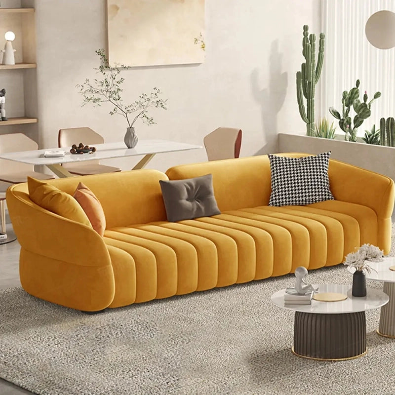 Sculpted velvet sofa with vertical tufting – stylish sofa design + velvet sofa – 3 seater mustard yellow