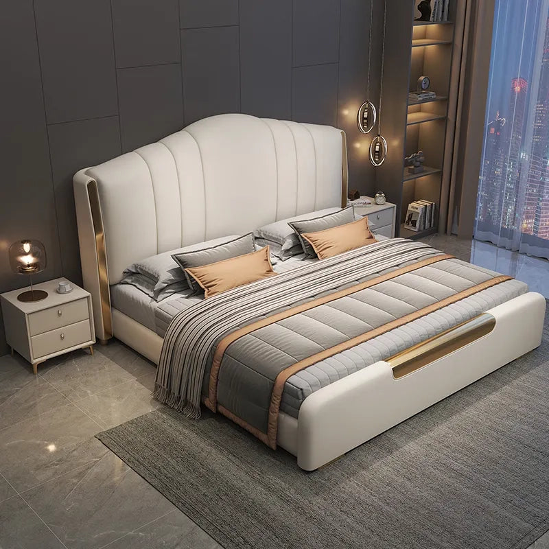 Wingback headboard in beige leatherette, hydraulic bed, master bedroom bed design