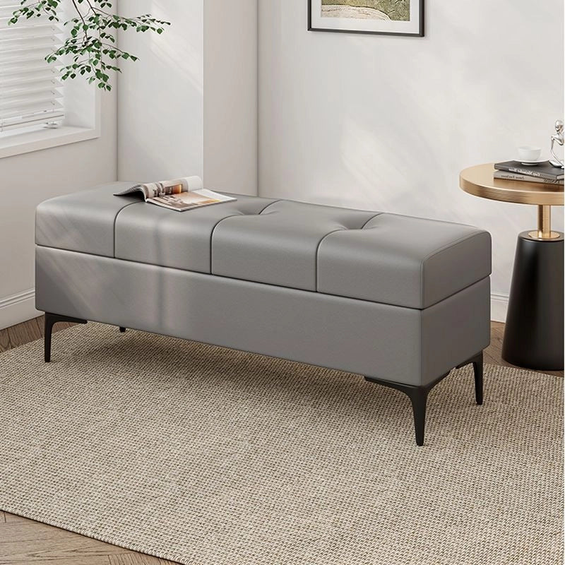 Grey faux leather bench with storage, bench ottoman, 2 seater bench, black metal legs