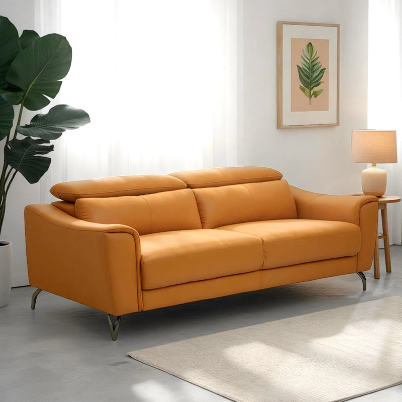 Matte tan leather design sofa set, pure leather sofa, stylish sofa design, 3 seater, chrome legs