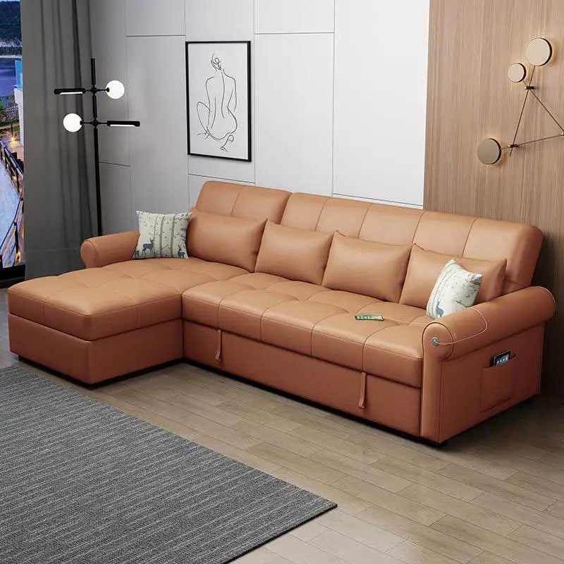 Tan convertible sofa bed with USB port and side pockets design, linen finish