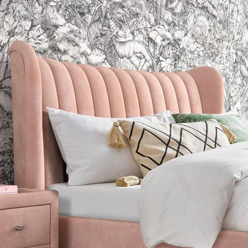 Luxury upholstered bed with channel tufted wingback headboard and elegant king size bed cot design