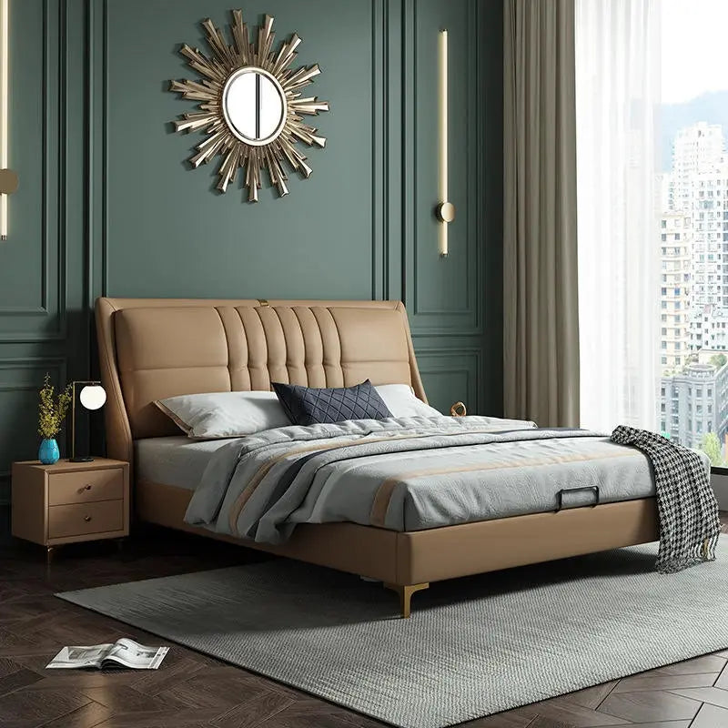 Modern upholstered bedcot with hydraulic storage and premium fabric finish
