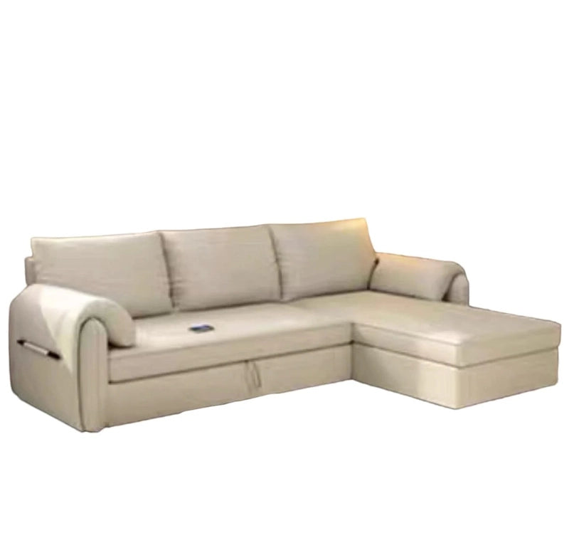 The sofa bed couch features integrated storage, a matching ottoman, and smart side pockets for added convenience