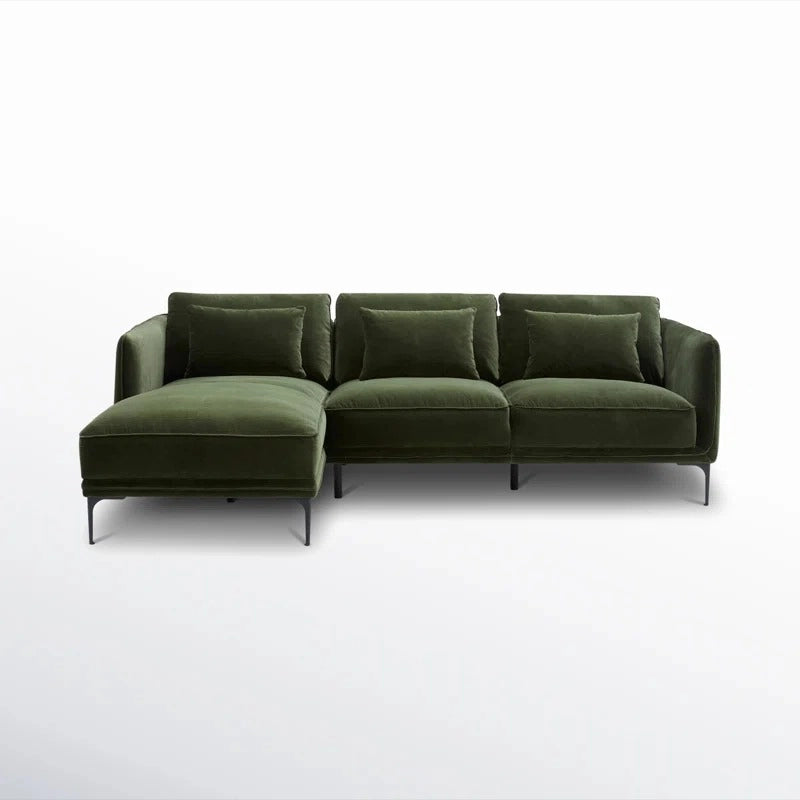 L-shaped fabric couch with slim legs, velvet sofa, 2+Lounger couch, Olive green