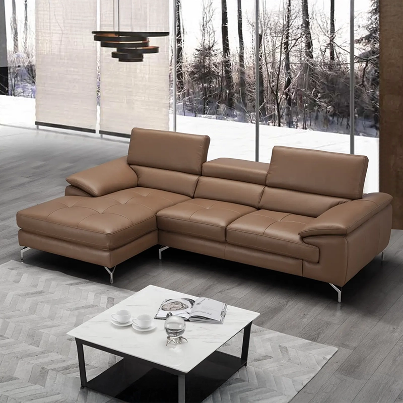 Chrome leg finish and high backrest – stylish sofa design, latest sofa design, corner layout, brown