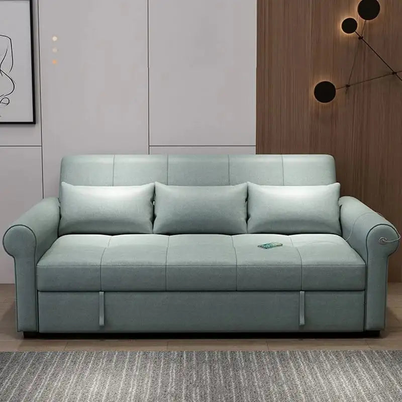 Green sofa come bed in rolled-arm layout, hidden storage, wood base