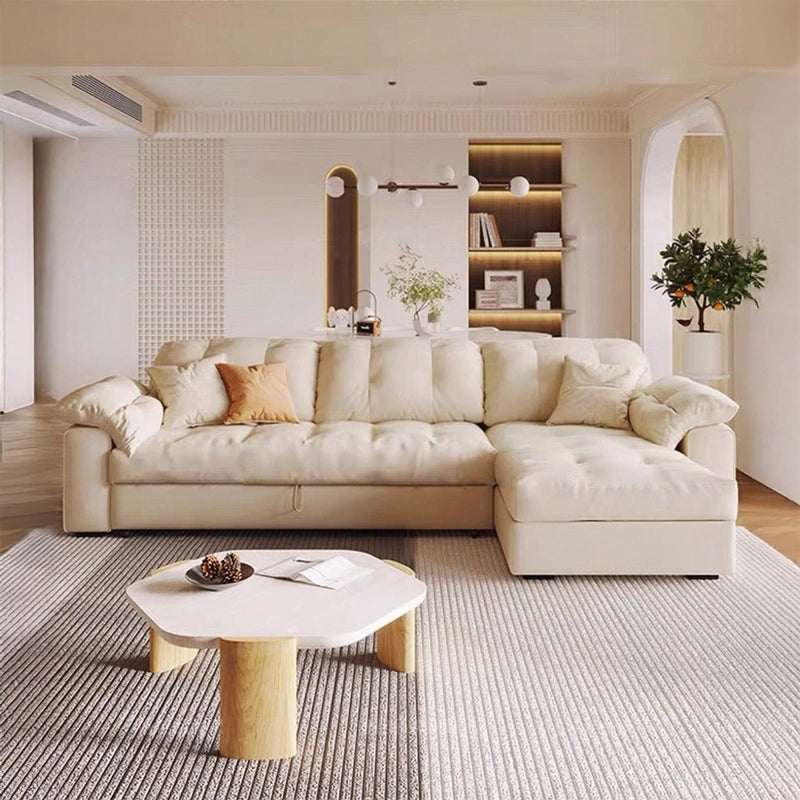 Button-tufted backrest + sofa bed couch + convertible sofa bed + wooden frame + neutral tone