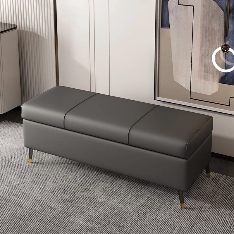 Tapered metal legs bench with storage and benches and ottomans structure, brass-tipped