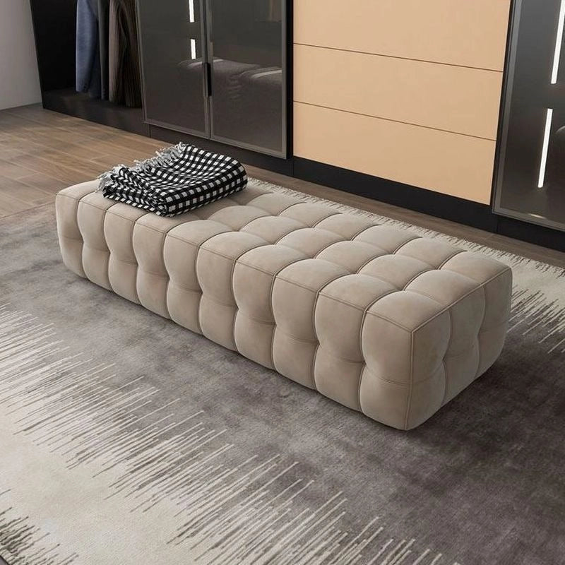 Side profile of armless bench ottoman showing minimalist lines and 2 seater bench shape