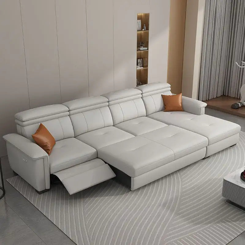 Segmental cushions in beige with sofa cum bed design + l shape sofa cum bed + tufted seats + chaise storage