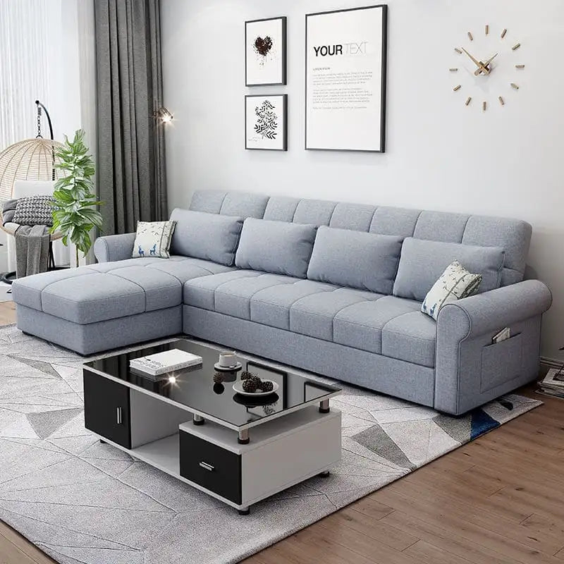 This convertible sofa cum bed features a smooth manual pull-out mechanism, turning it from a relaxed couch into a spacious bed within seconds