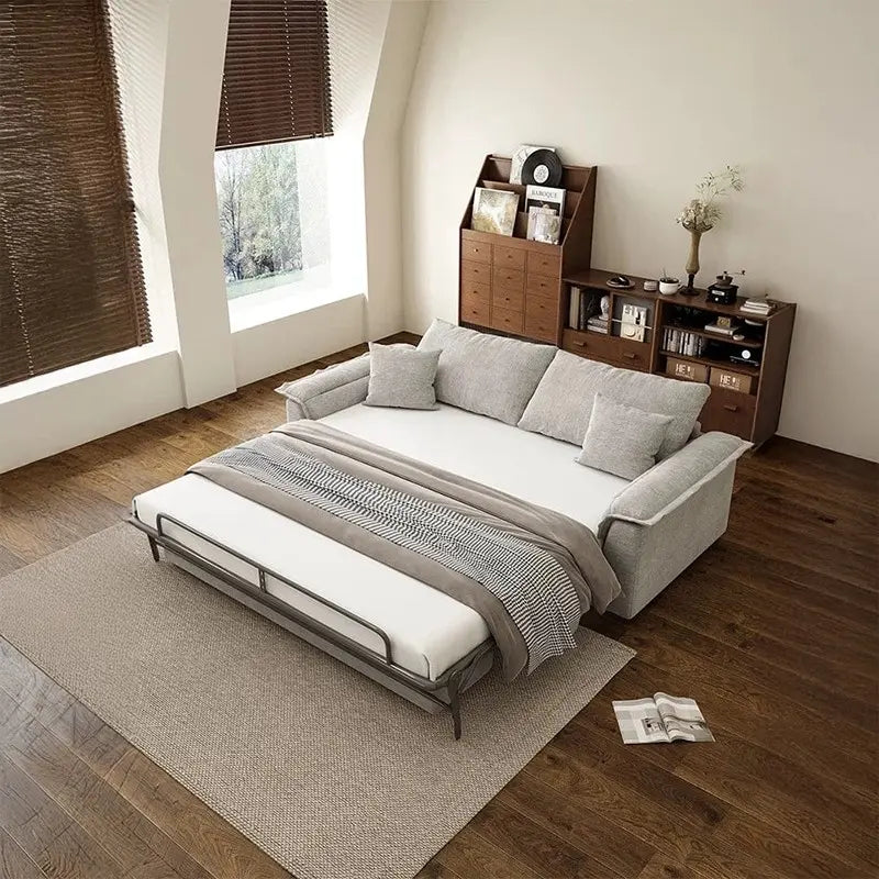 Plush cushioned couch bed picture with sofa bed design, fabric upholstery, grey tone