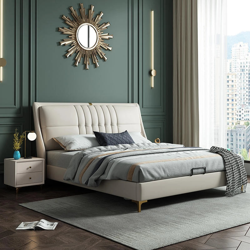 Sleek bed frame with minimalist silhouette bed online faux leather beige
