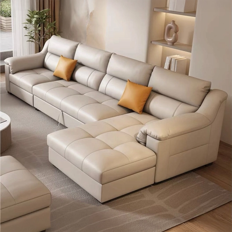 Modern sleeper sofa with sofa cum bed design, beige upholstery, and motorised recliner