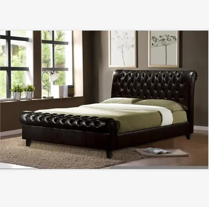 Side profile of sleigh cot design – bed online – upholstered in brown faux leather