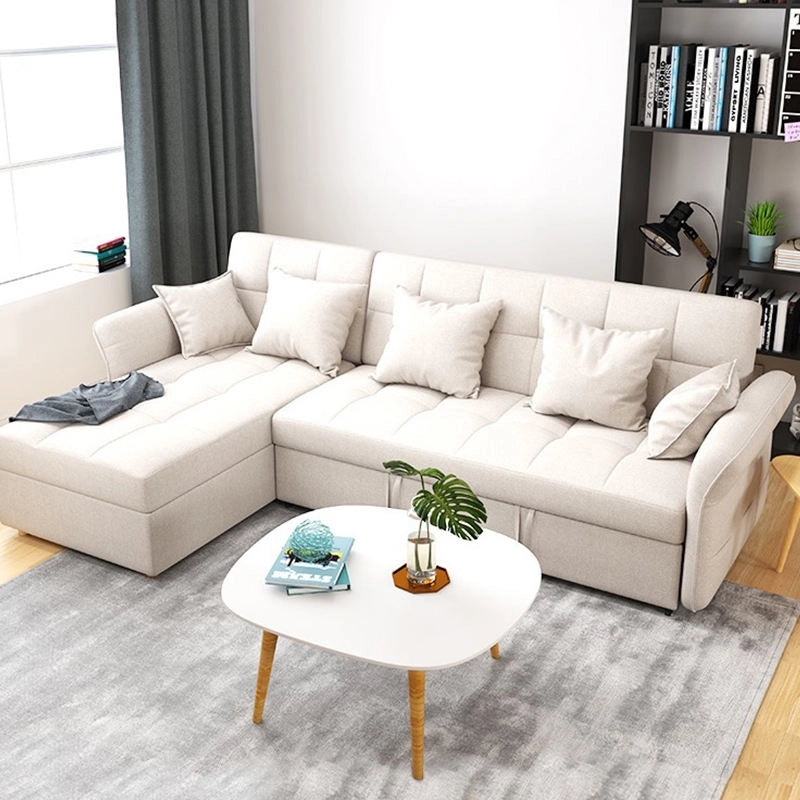 Pull-out flatbed mechanism visible, convertible sofa bed and sofa cumbed, queen-size setup