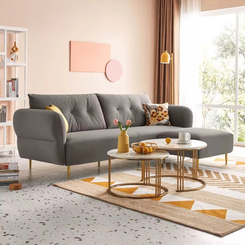 Slate grey couch set with gold legs, stylish sofa design, l shape couch, slim silhouette